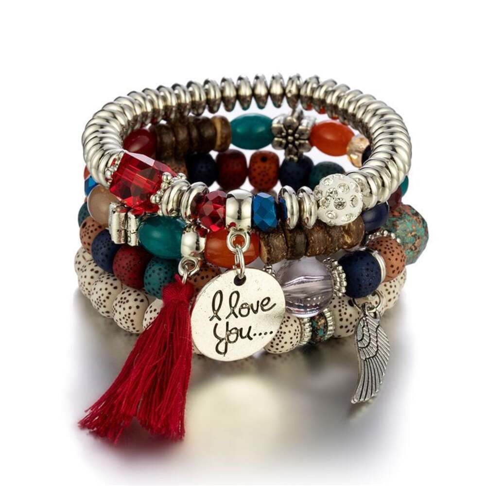 Bohemian Multi-Layer Beaded Stretch Bracelet Set with Charms and Tassel